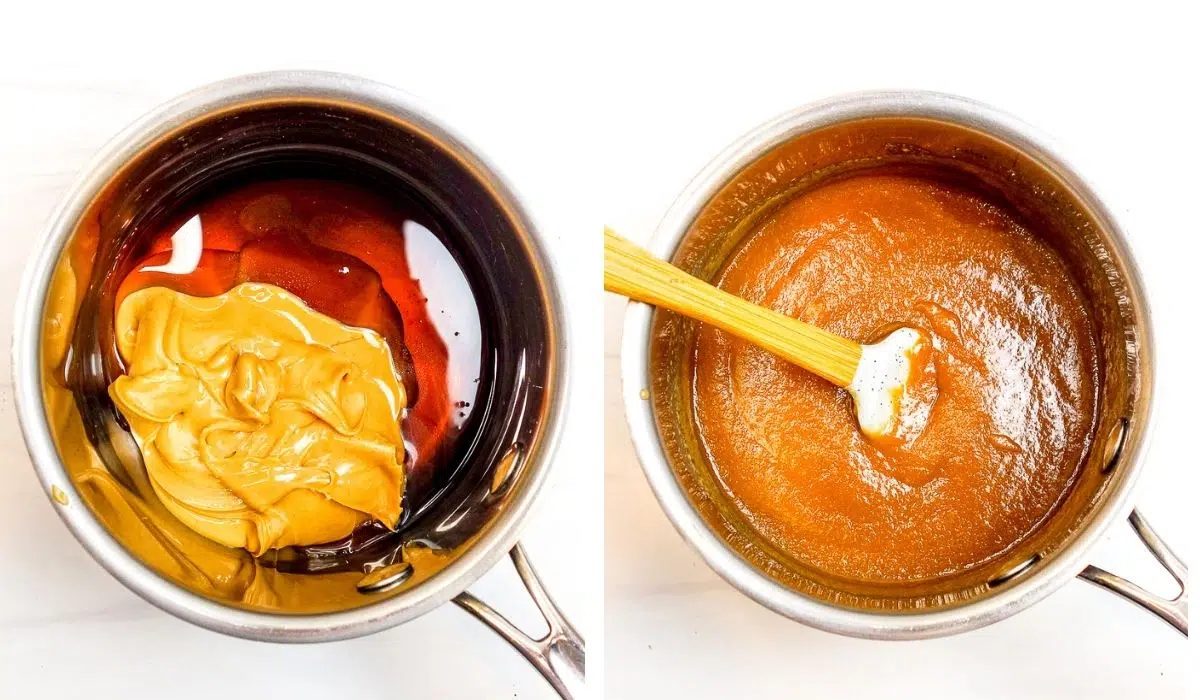 2 photo collage showing the heating of the wet ingredients
