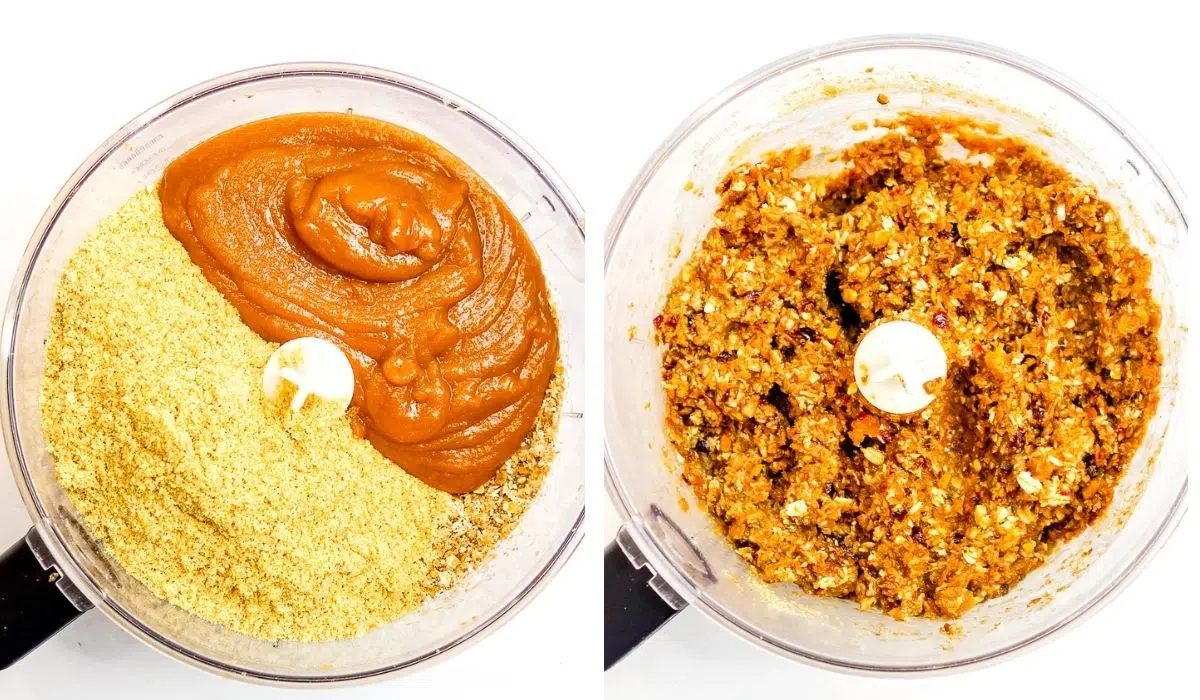 2 photo collage showing the dough for high protein flax bars getting made in a food processor