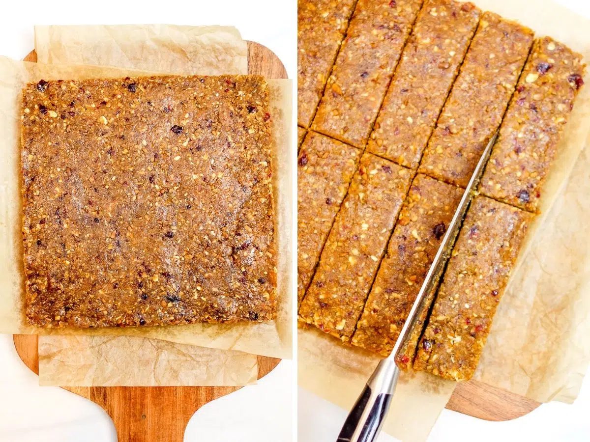 2 photo collage showing chilled high protein flax bars getting cut into bars