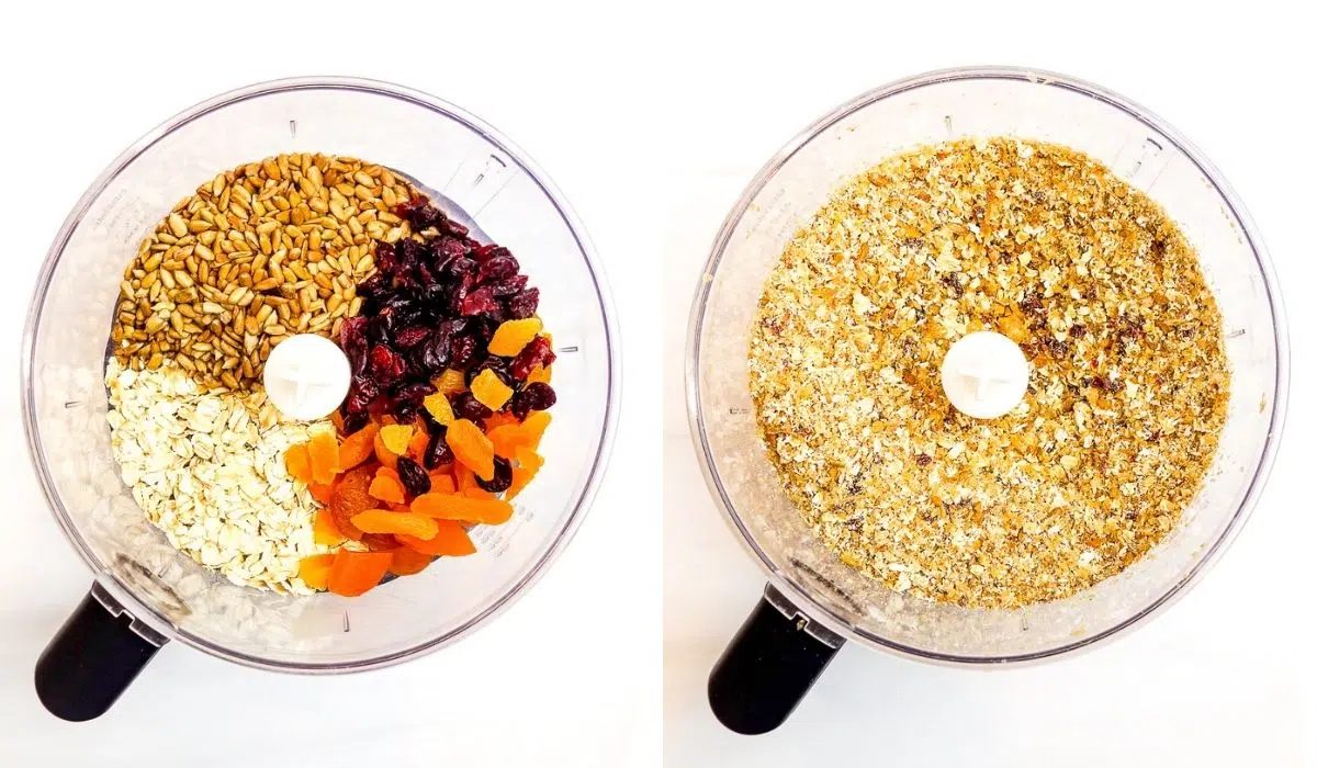 2 photo collage showing the grinding of the dry ingredients