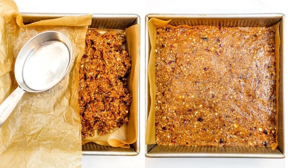 2 photo collage showing bars getting pressed into pan