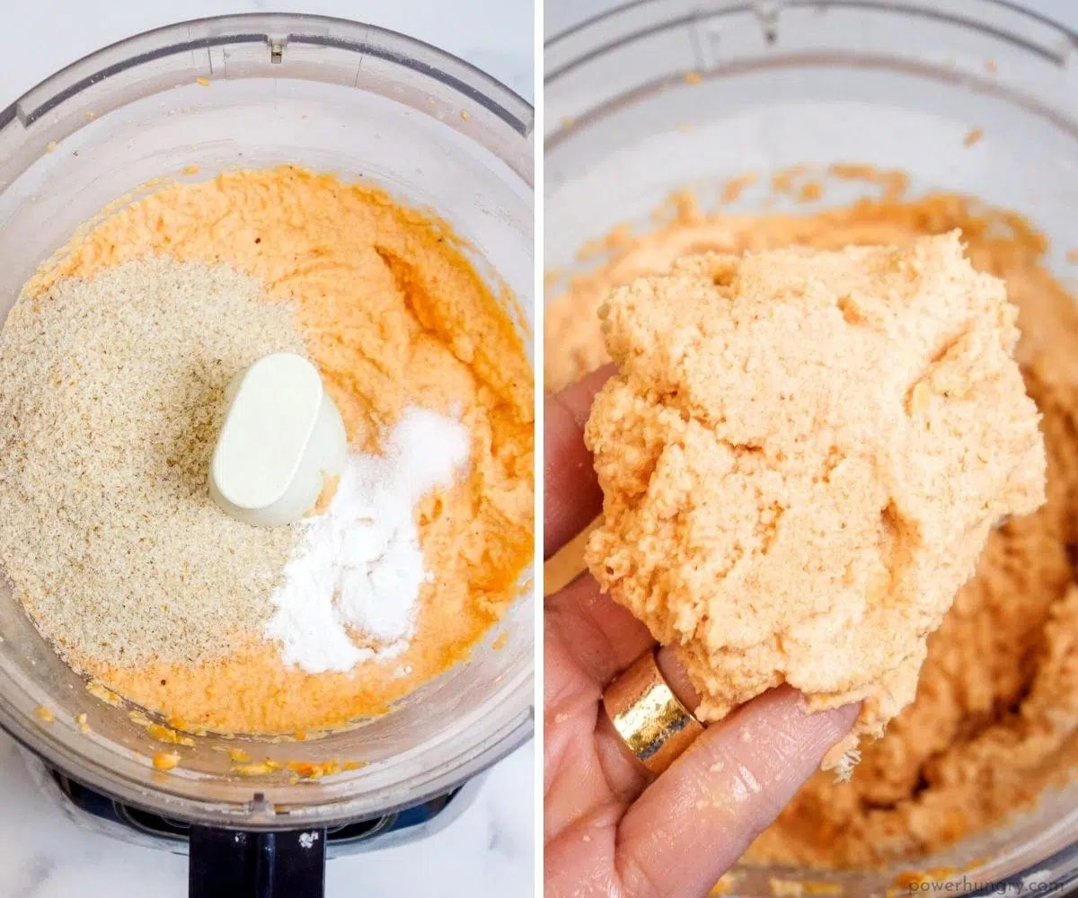 red lentils , processed and mixed with whole psyllium husks to form a dough