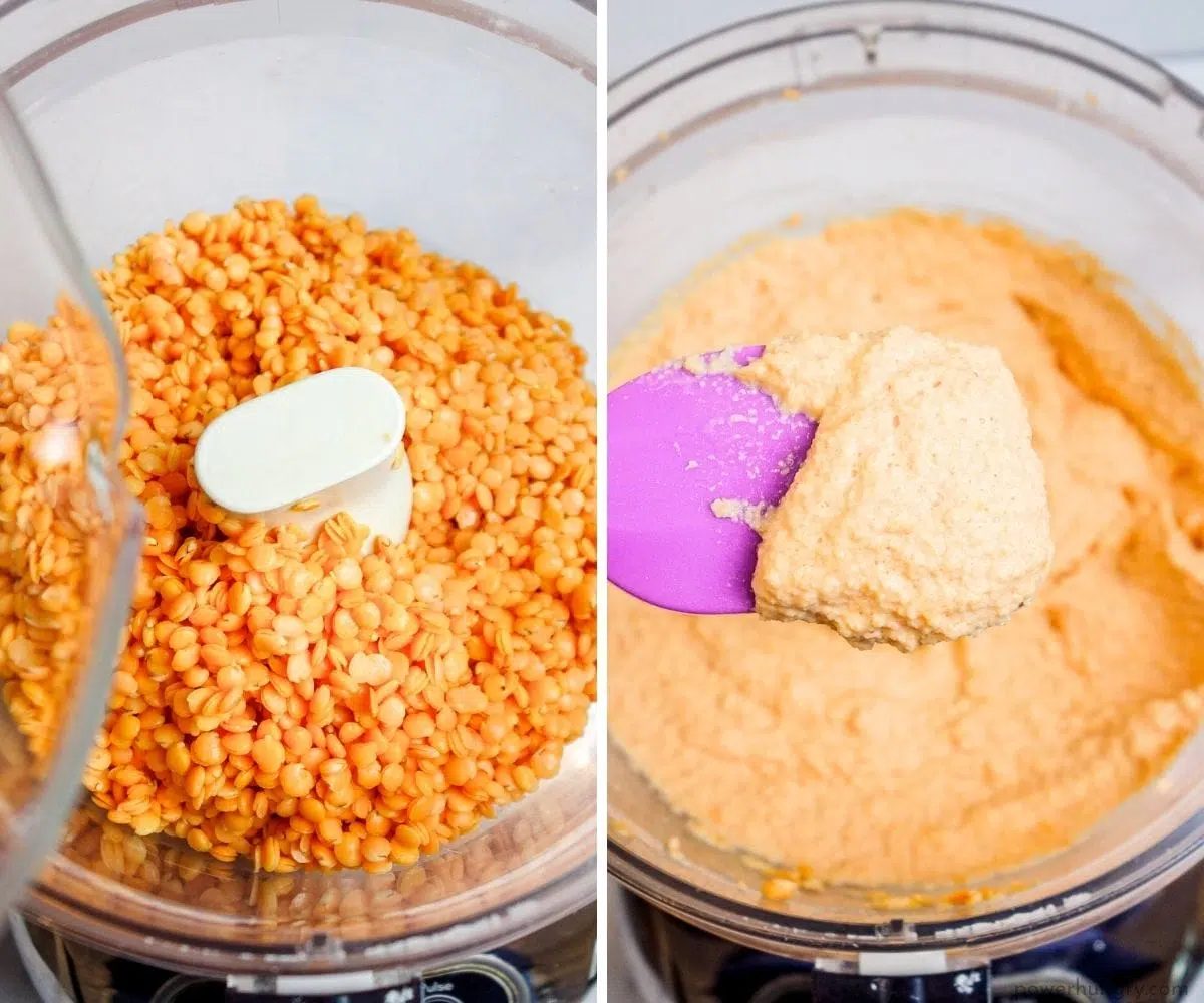 2 photo collage showing the processing of soaked red lentils in a food processor