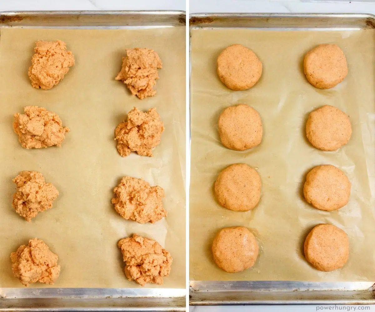 two photo collage showing the shaping of lentil bread rolls