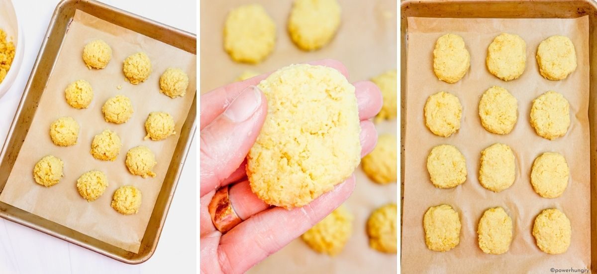 three photo collage showing how to portion and shape millet nuggets