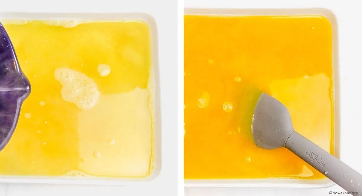 2 photo collage showing millet gettin combined in a white baking dish