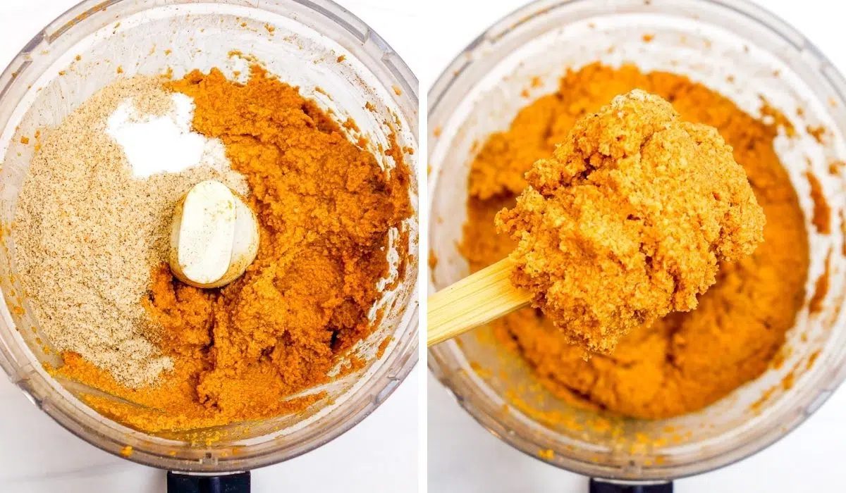 two photo collage showing lentil p[umpkin bread dough in a food processor, getting the addition of dry ingredients