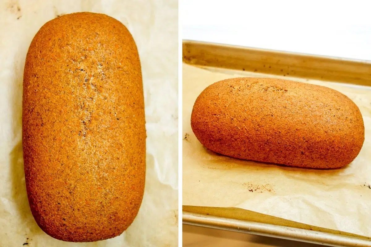 two photo collage of lentil pumpkin bread, fresh from the oven on a baking sheet.