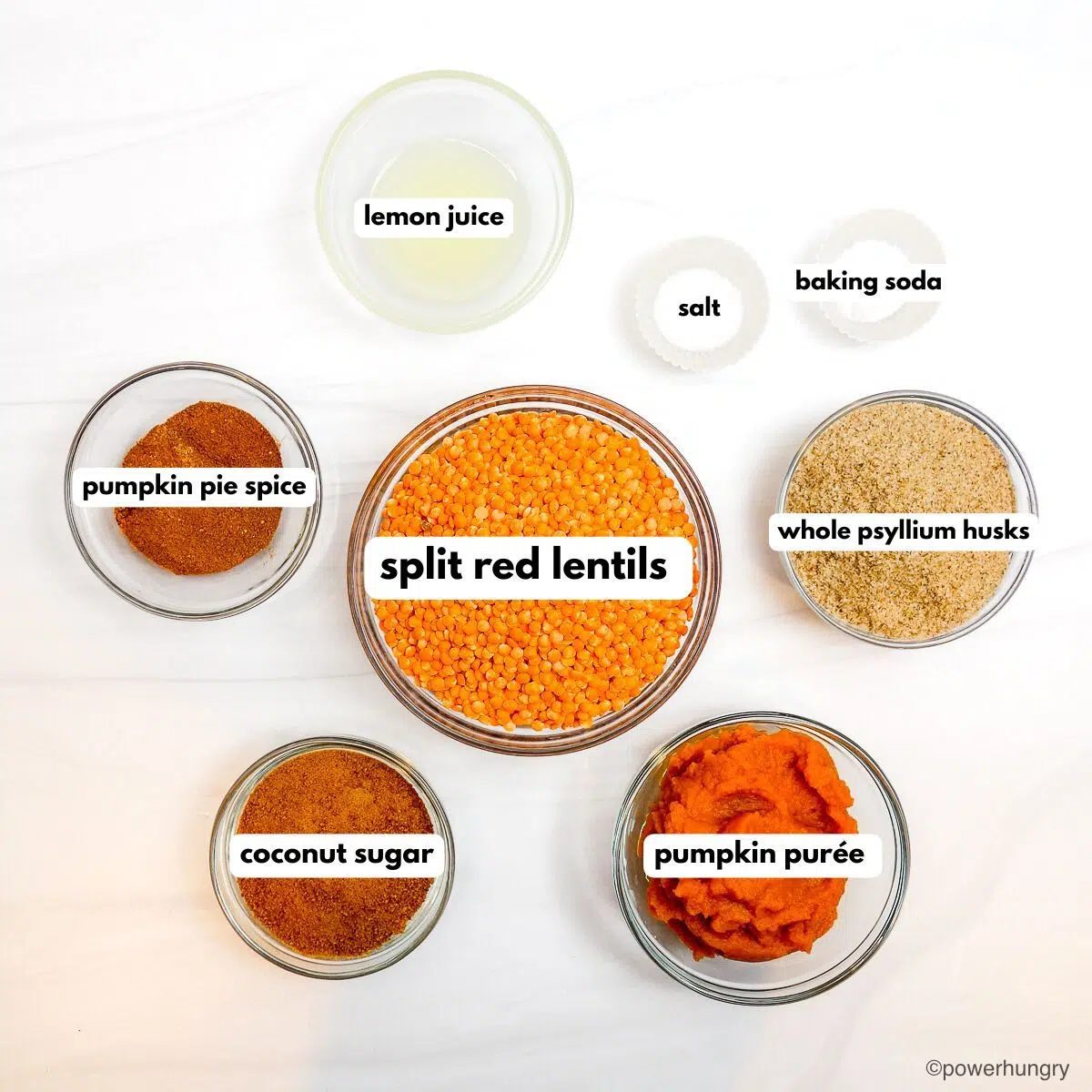 ingredient for pumpkin lentil bread, displayed in glass bowls