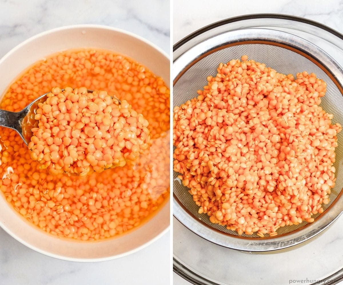 two photo collage showing soaked and drained lentils