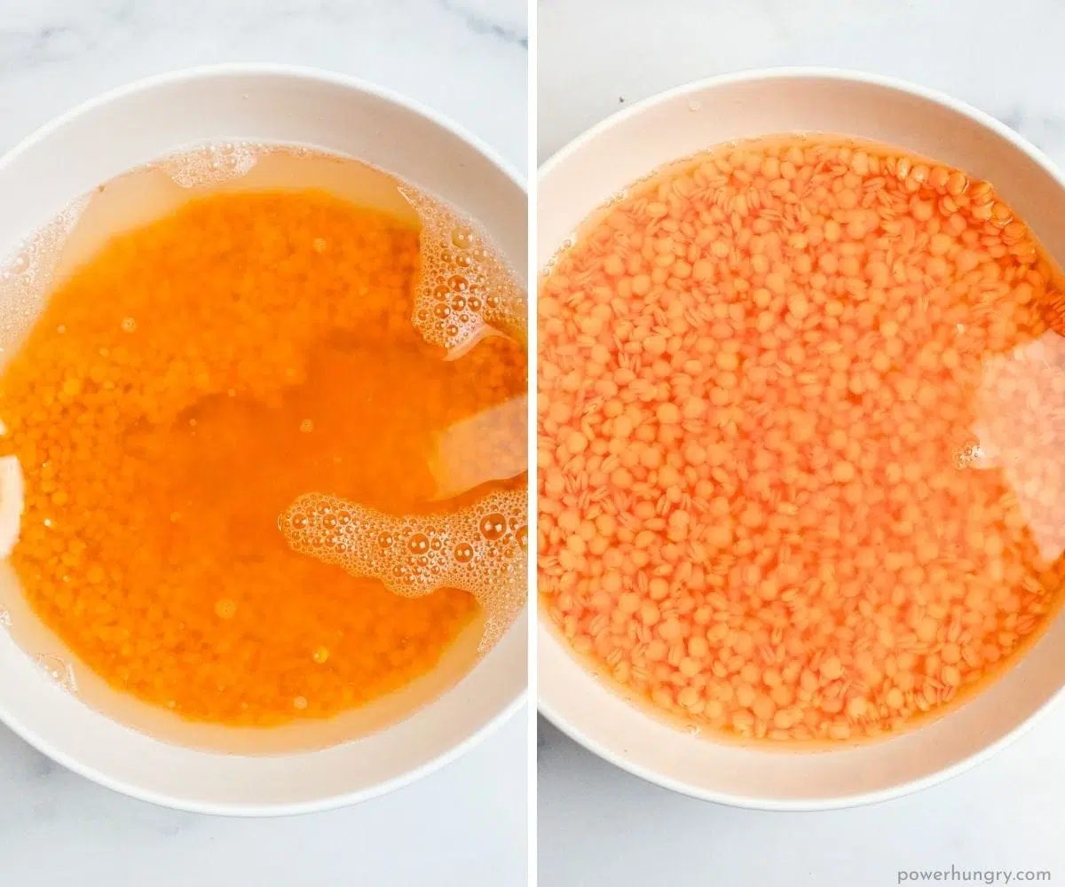 two photo collage showing the soaking of red lentils in a white bowl
