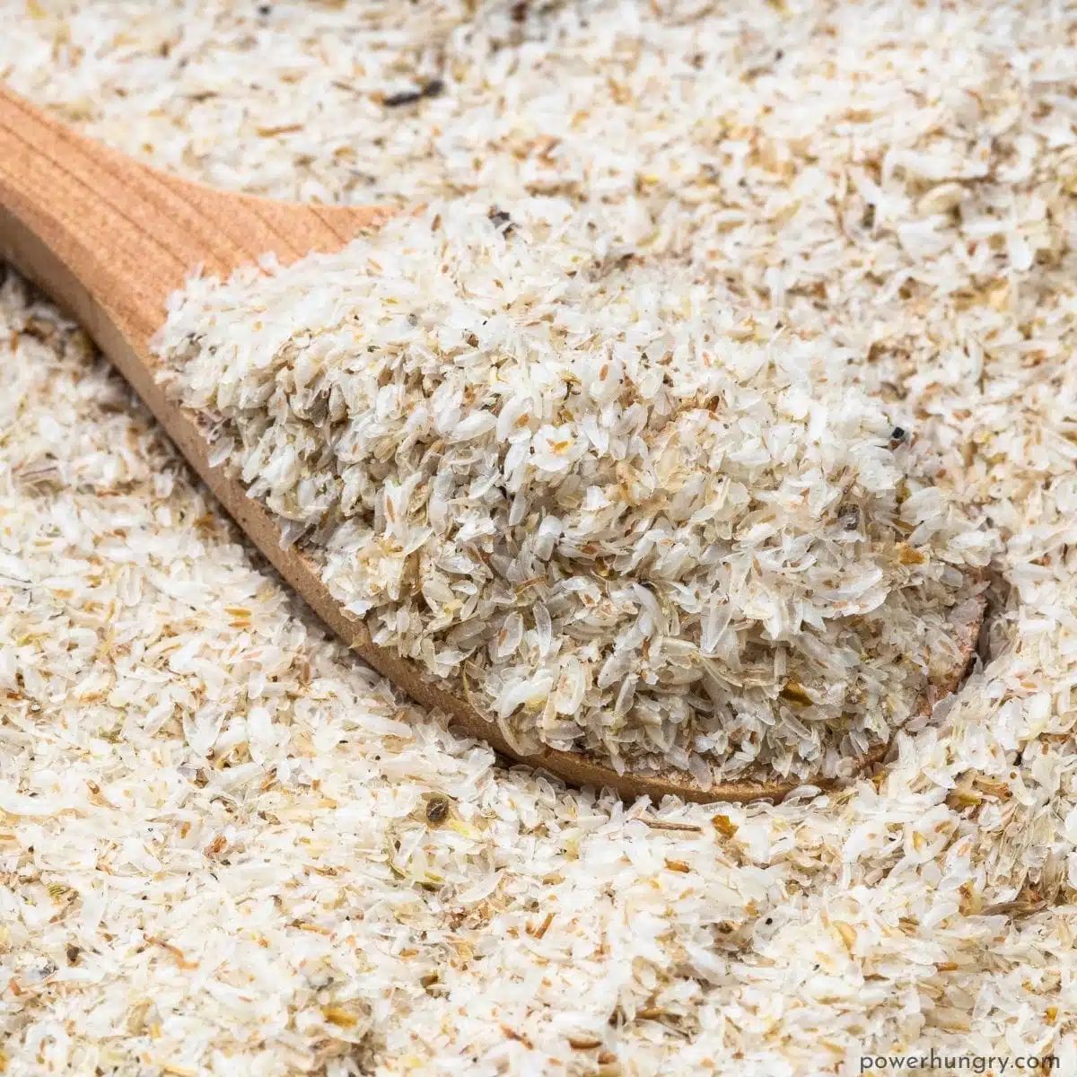 wooden spoon in wood bowl scooping up some whole psyllium husks
