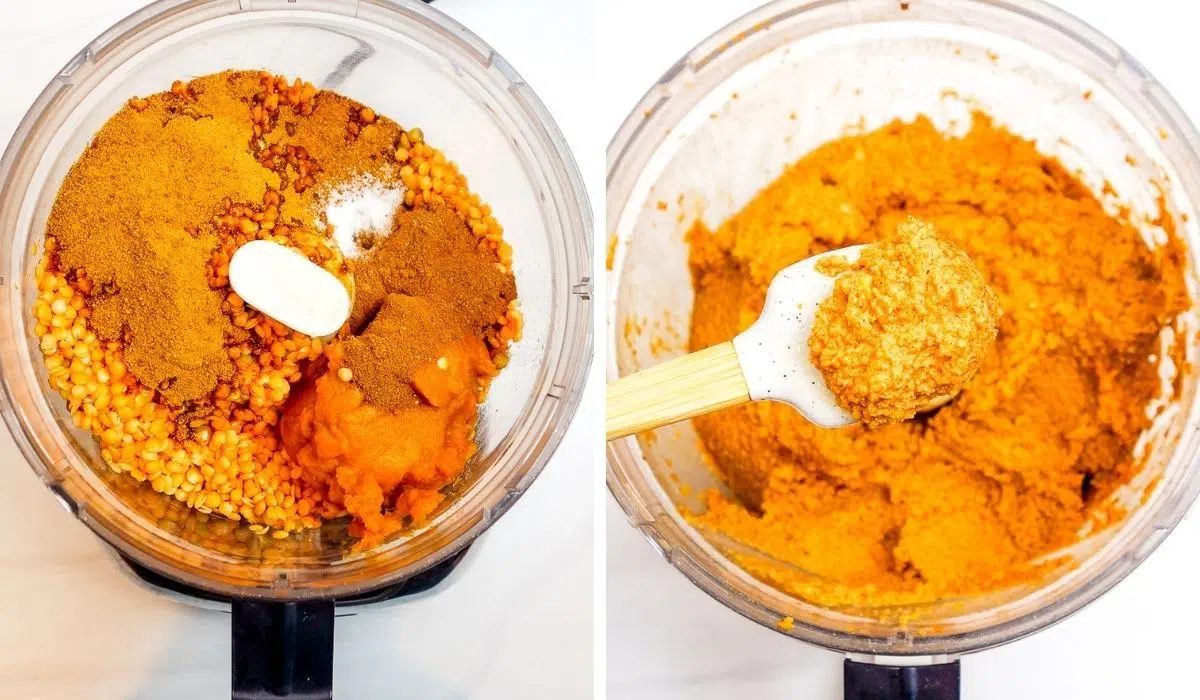 two photo collage of food processor filled with ingredients for pumpkin lentil bread