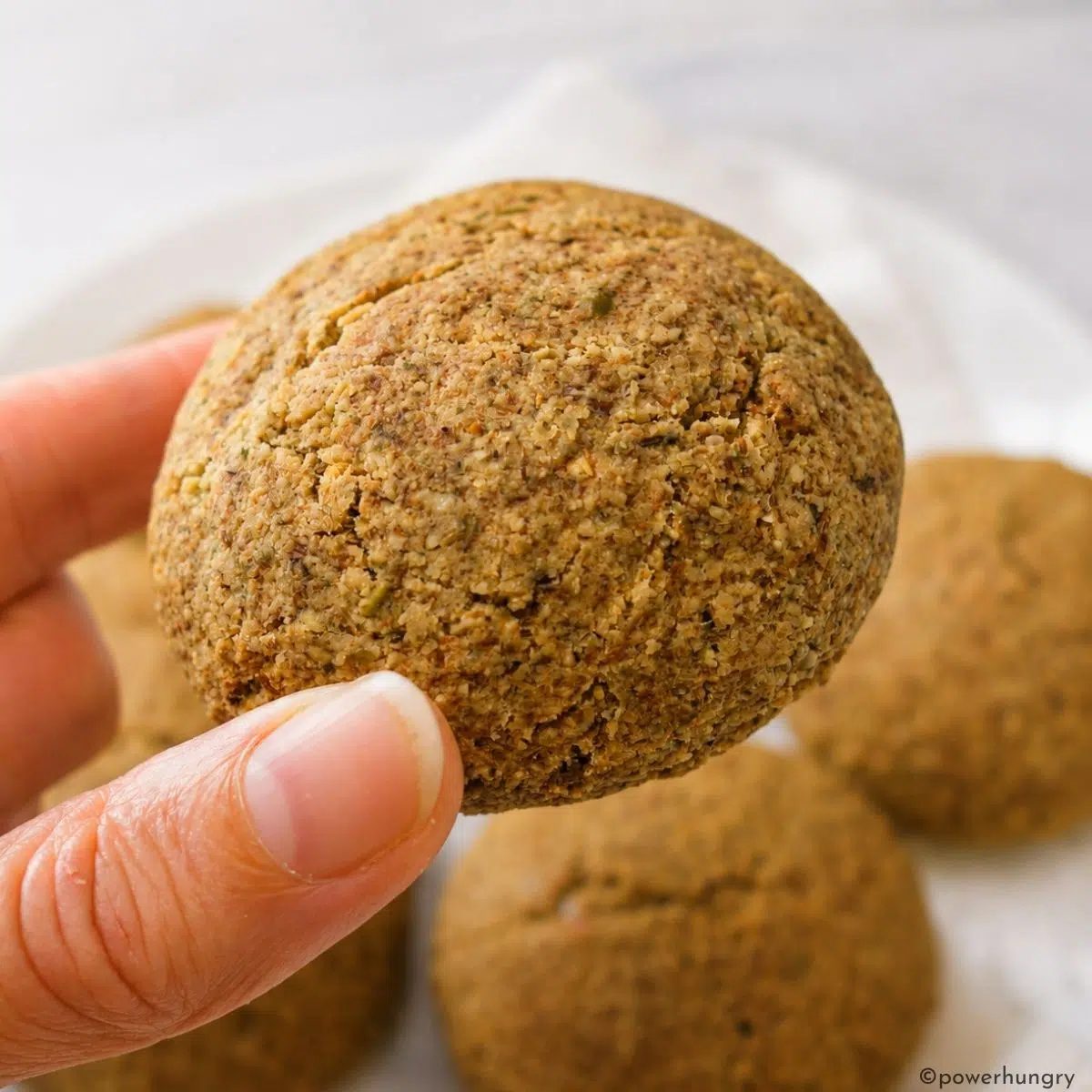 a pumpkin seed flour bread roll , held in a woman's hand