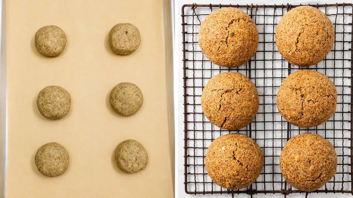 unbaked and baked pumpkin seed bread rolls