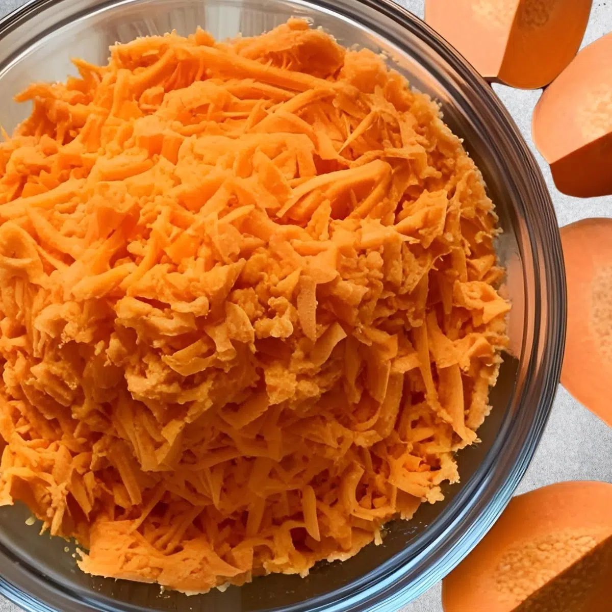 glass bowl of grated sweet potatoes