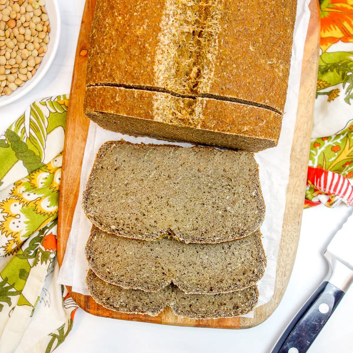 overhead shot of sliced lentil tofu protein bread