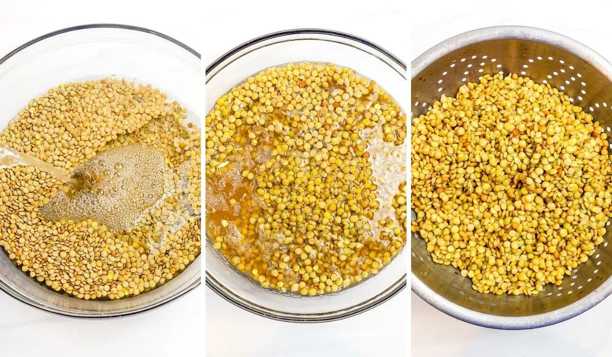 three photo collage depicting how to soak and drain raw lentils