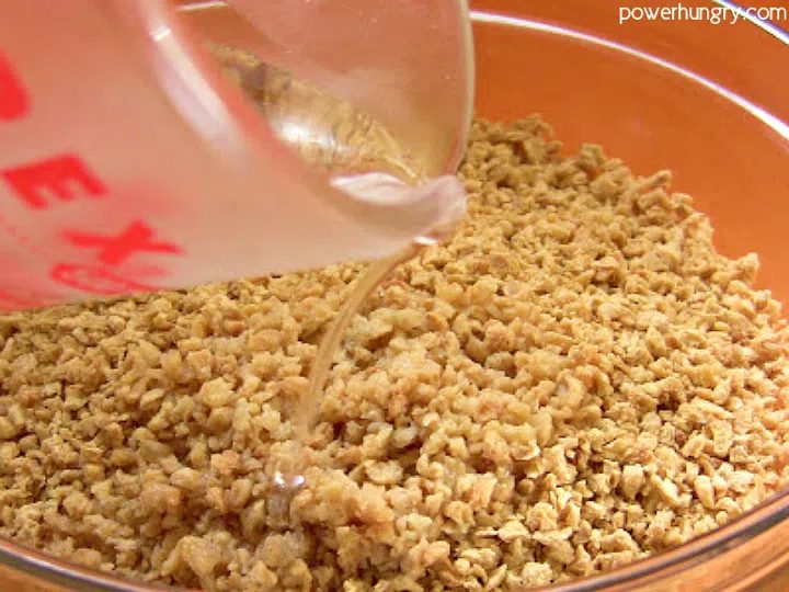 bowl of tvp with boiling water being added