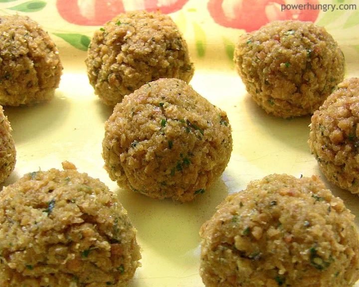 yellow plate with baked tvp meatballs