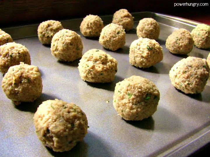 unbakedtvp meatballs on baking sheet