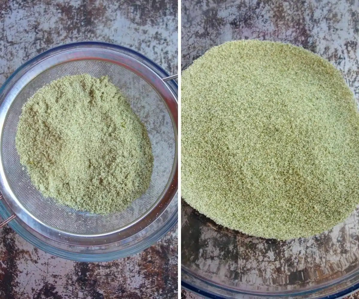 2 photo collage showing how to sift pumpkin seed flour