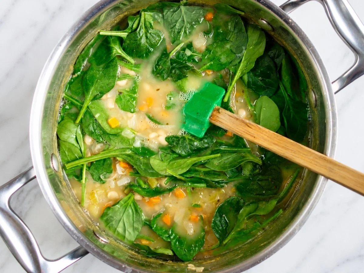 spinach getting added to saucepan filled with high protein Italian white bean soup