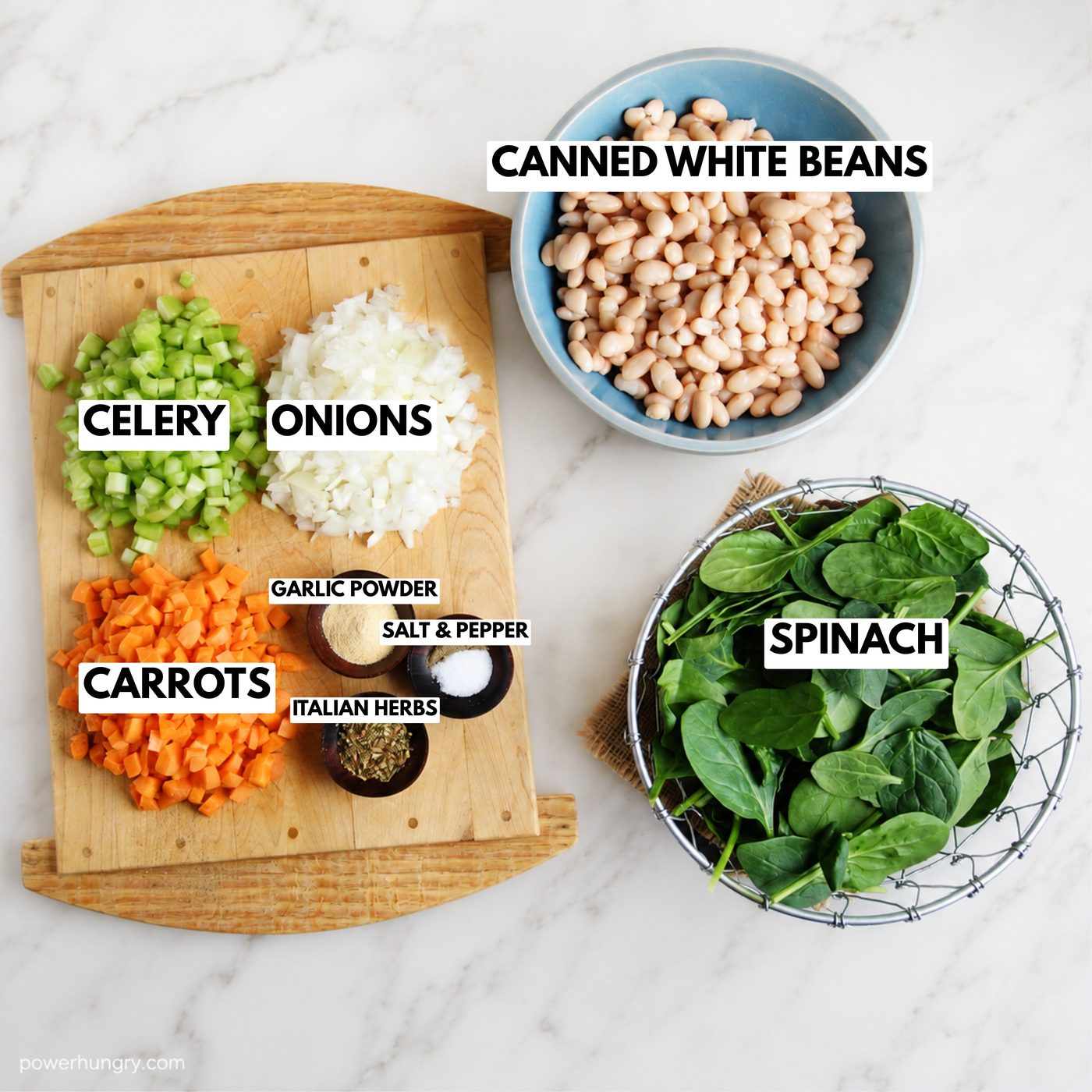 overhead shot of the ingredients needed to make high protein Italian white bean soup