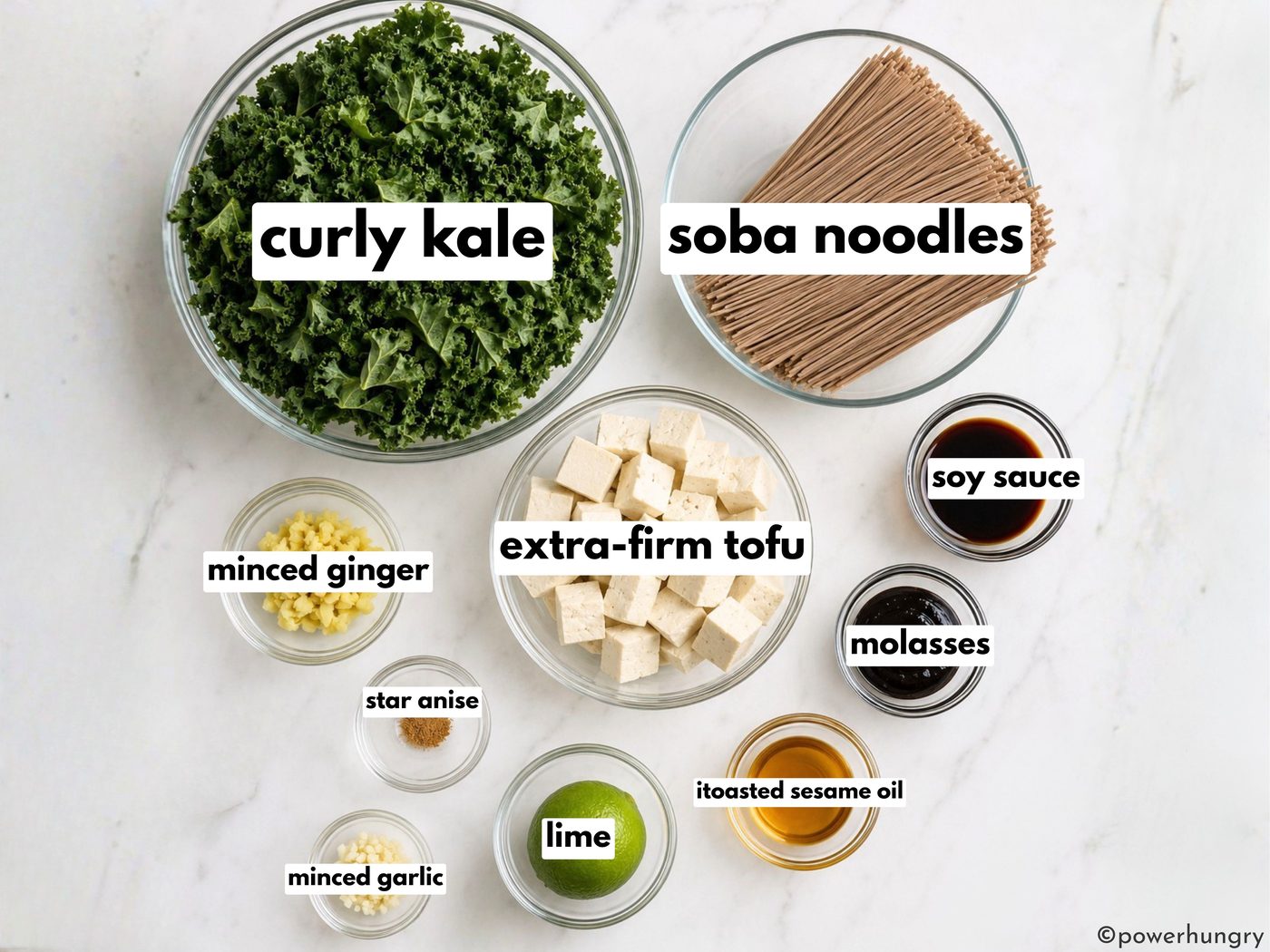 overhead shot of the ingredients needed to make kale tofu noodle stir-fry