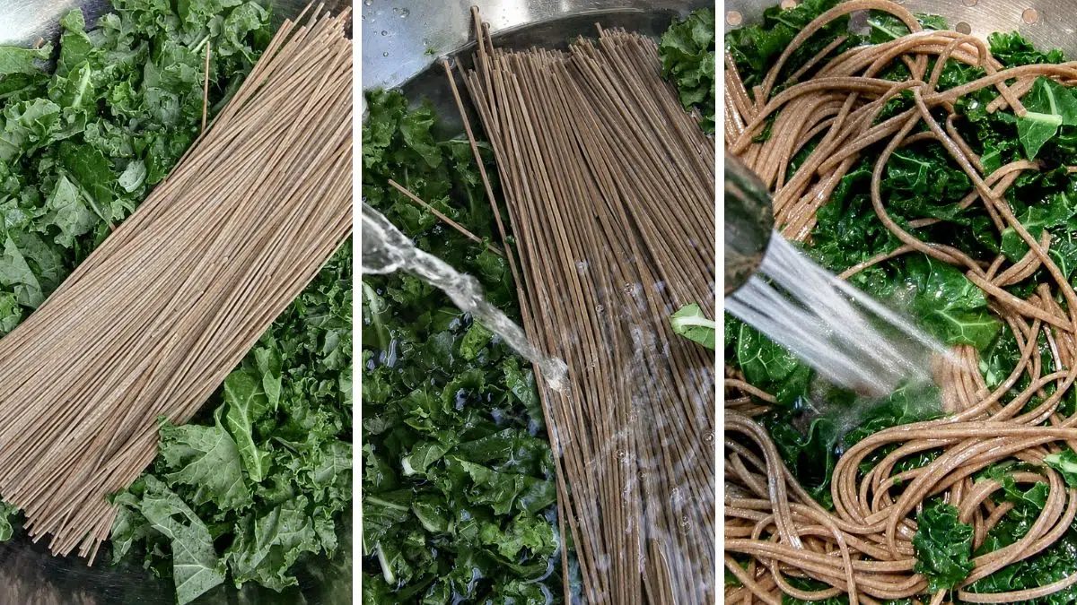 3 photo collage showing how to prepare soba noodles and kale