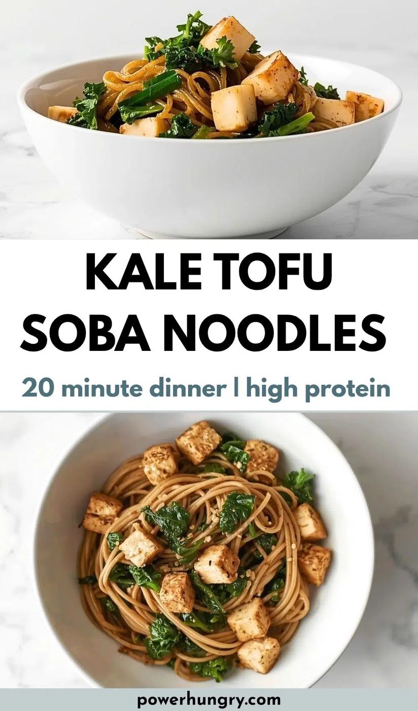 2 photo collage showing kale tofu soba noodles