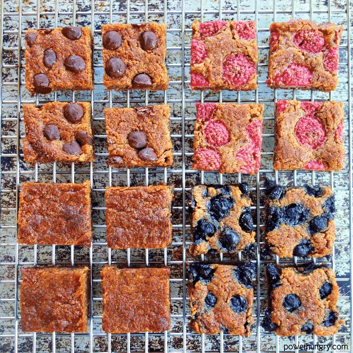 nourishing peanut butter blondies with various add-in, such as blueberries, raspberries and chocolate chips