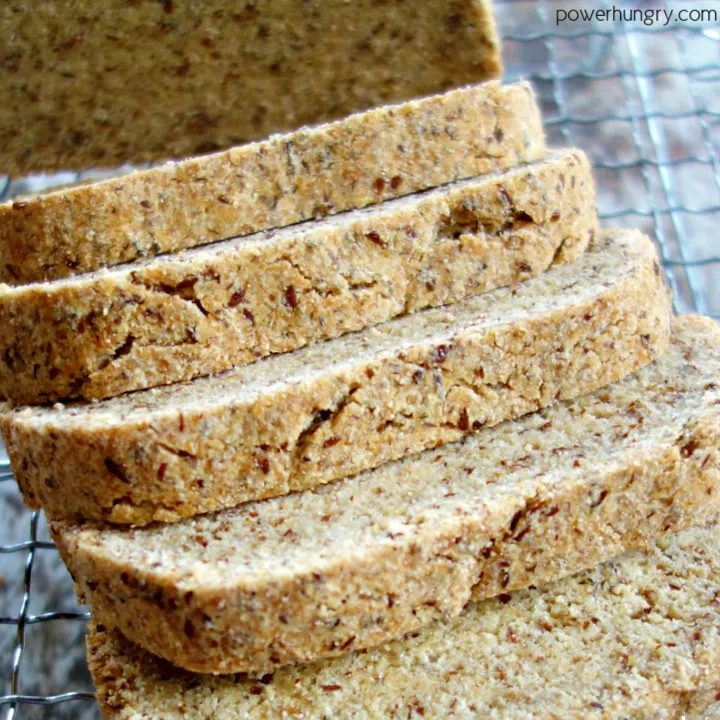 overhead close-up of slices of keto egg-free coconut flour bread