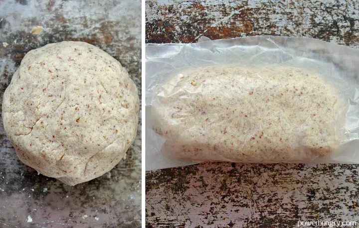 side by side phot collage of ball of coconut flour bread dough in glass bowl and the rolled into loaf shape with wax paper
