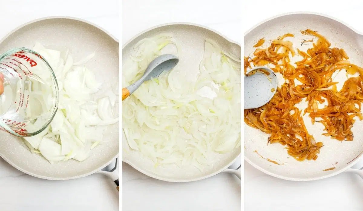 three photo collage showing the cooking of onions