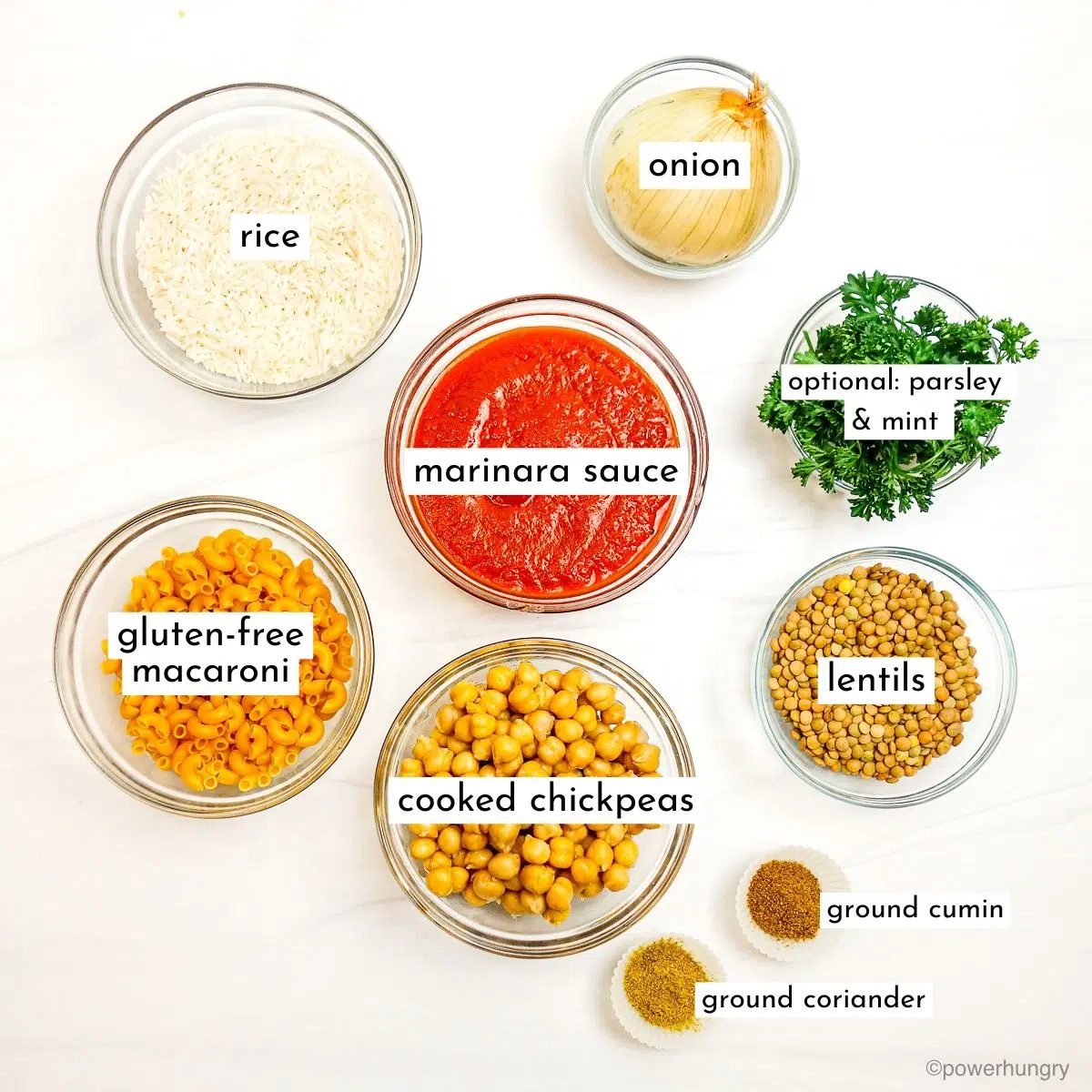 ingredients for koshari in small bowls
