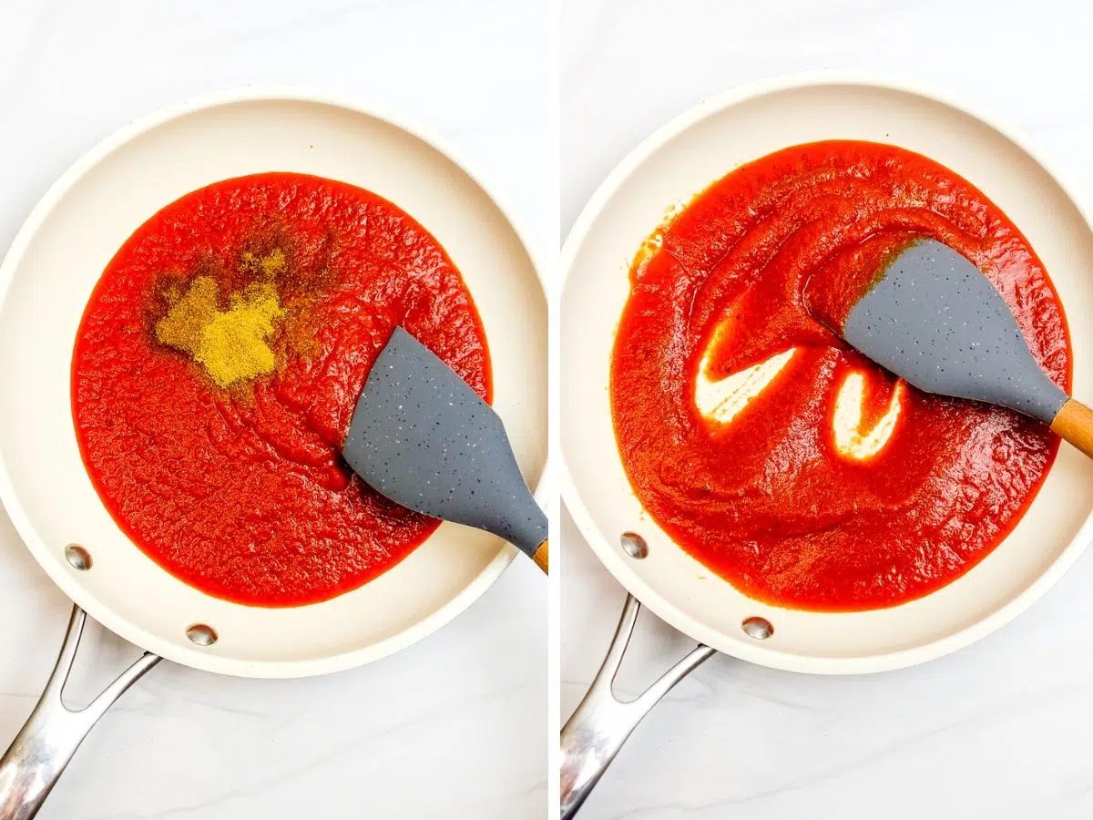 two photo collage showing how to make spiced tomato sauce