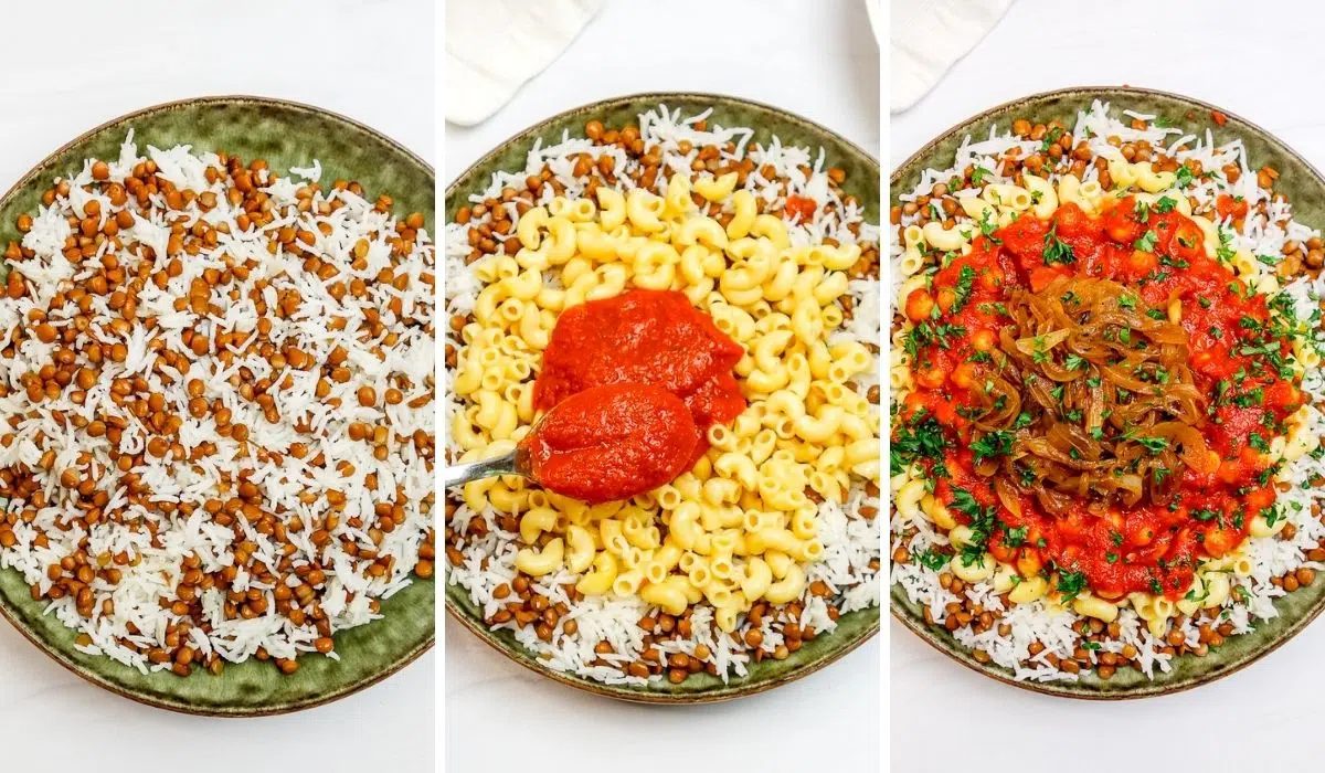 three photo collage showing assembly of koshari
