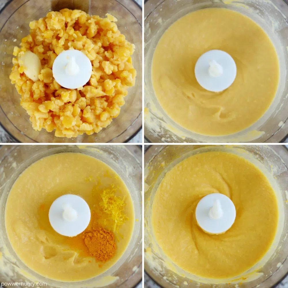 4 photo collage of the method for blending split peas into a puree