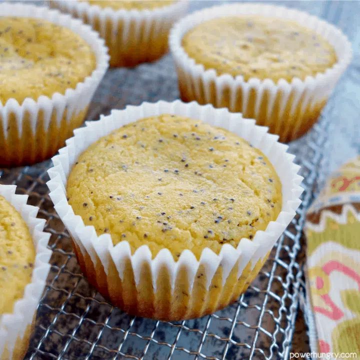 overhead shot of lemon poppy seed muffins on a wire cooling rack