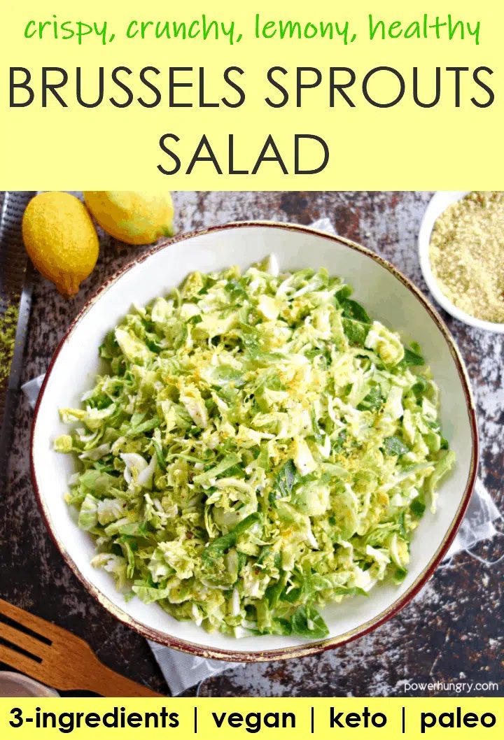 Bowl of Lemony Brussels Sprouts Salad, made with 3 ingredients, and vegan.