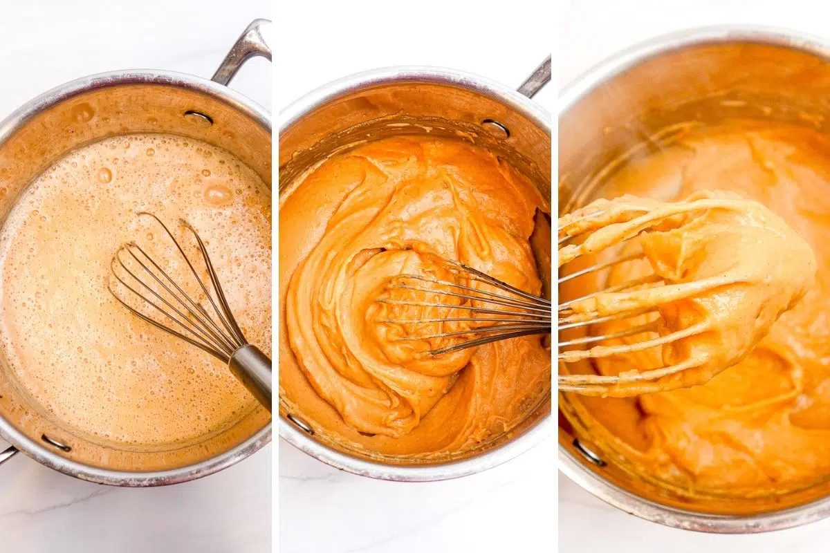3 photo collage depicting the cooking of red lentil bacon mixture