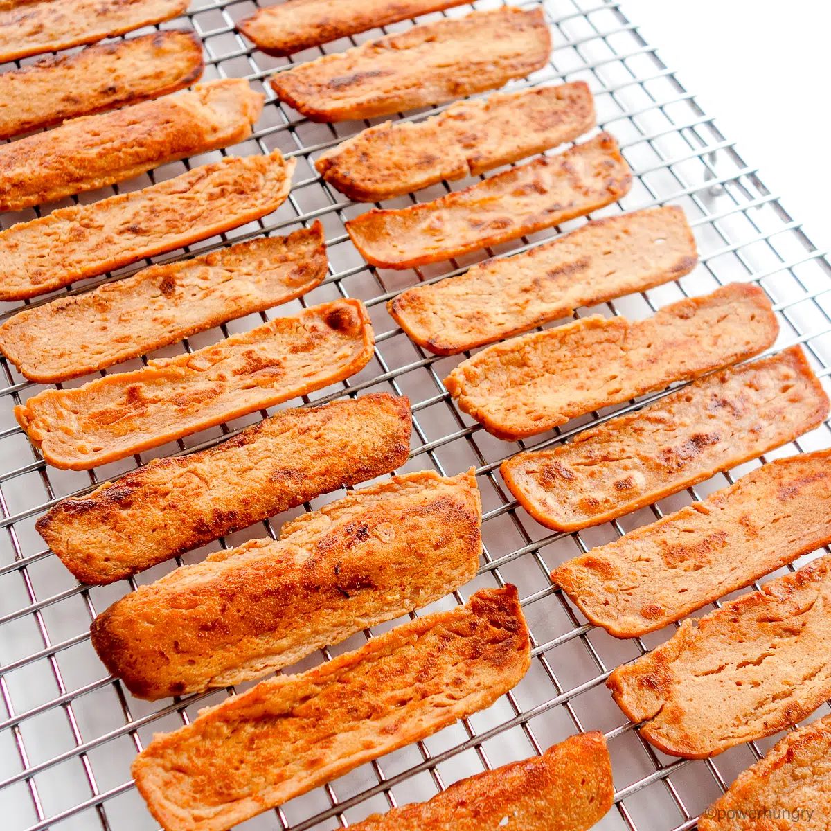 cooling rack with cooked lentil bacon