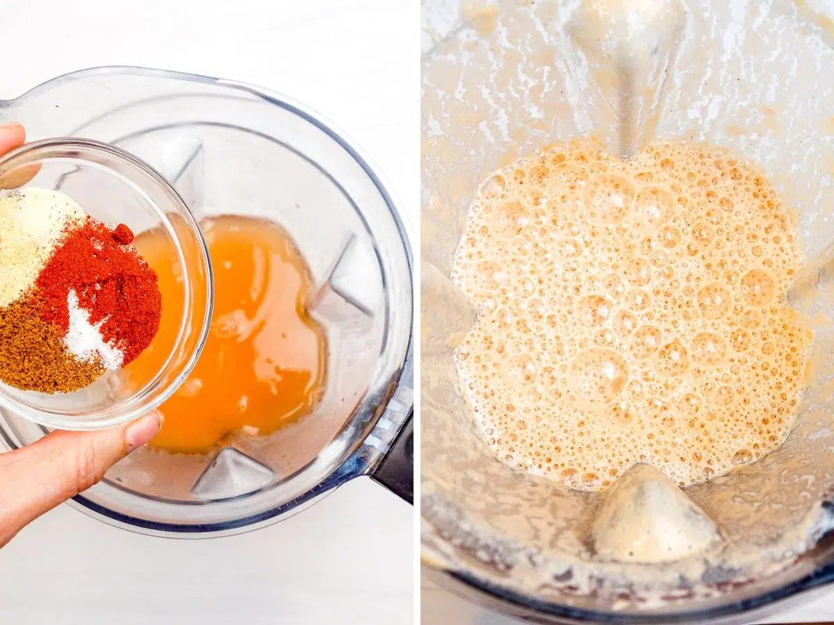 two photo collage showing the blending of the soaked red lentils with seasonings