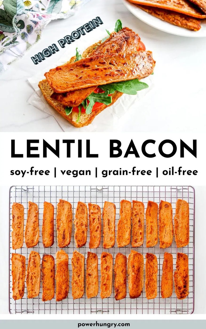 2 photo collage showing lentil bacon