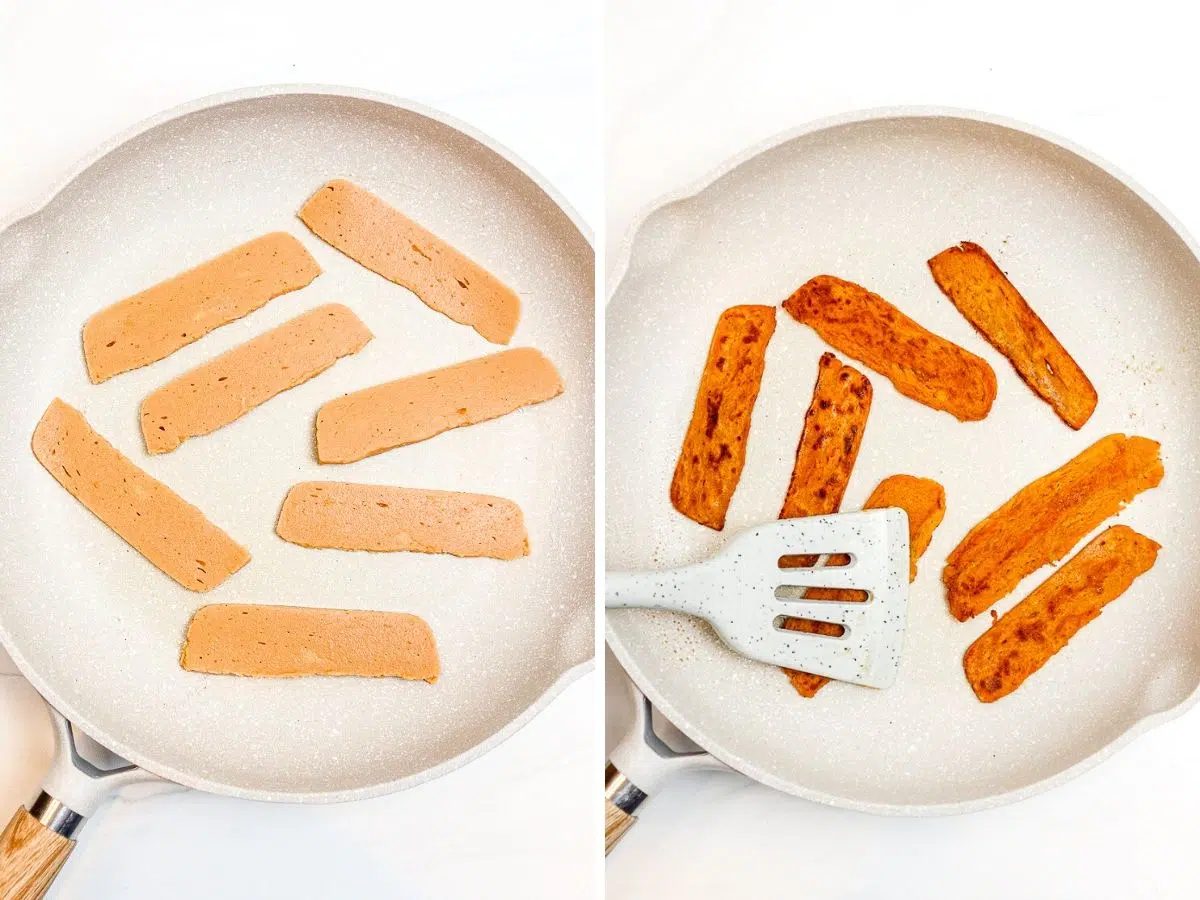 two phot collage showing the cooking of lentil bacon in a nonstick ceramic pan
