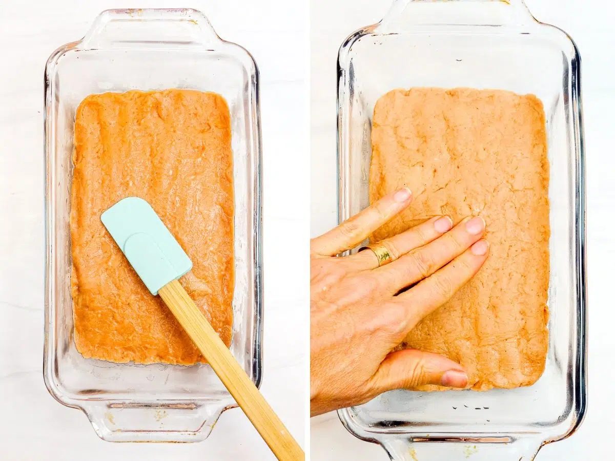 two phot collage showing lentil mixture getting spread into a glass loaf pan