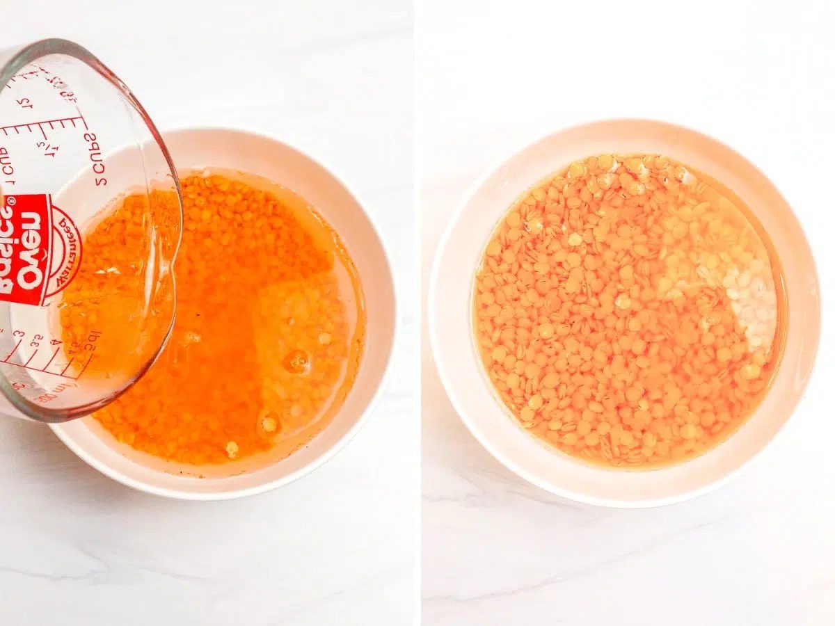 two photo collage showing red lentils in a white bowl, getting soaked in hot water