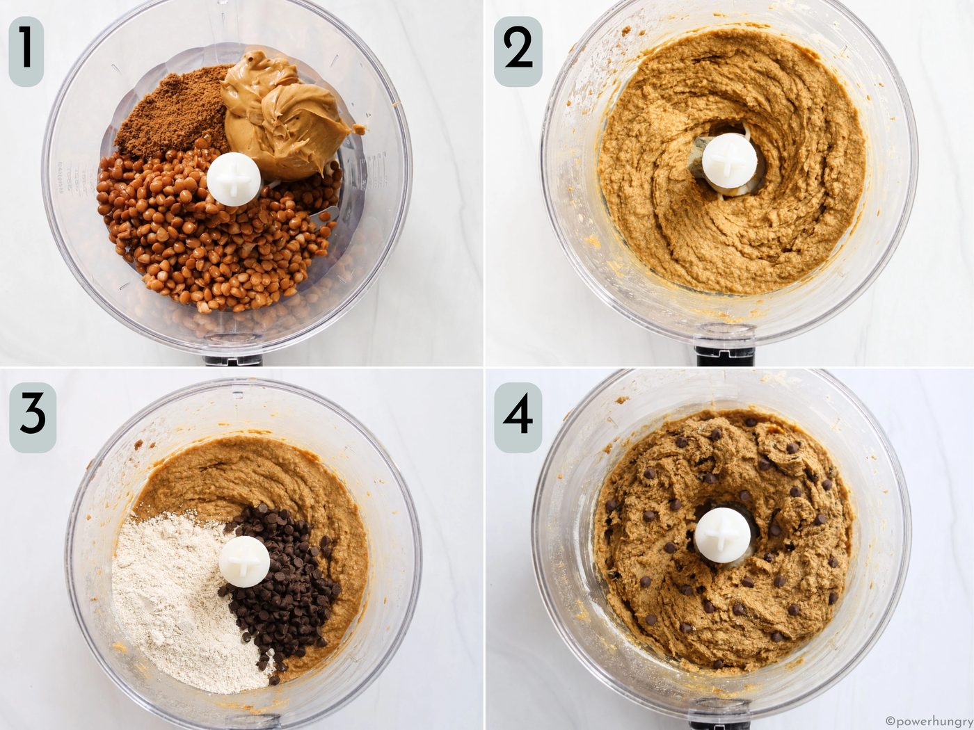 four photo collage showing how to blend high protein cookie in a food processor