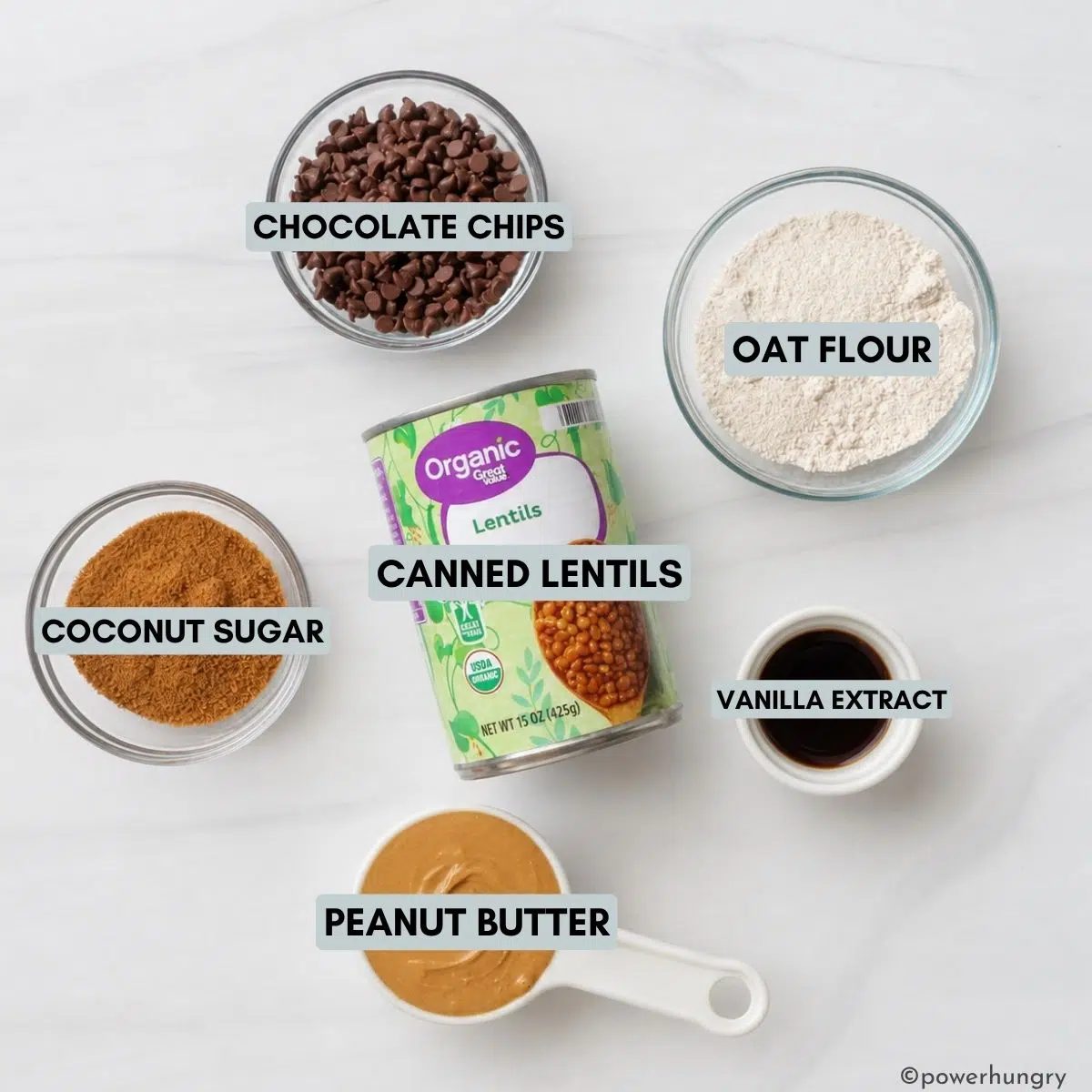 overhead flatlay shot of ingredients for high protein lentil cookie dough
